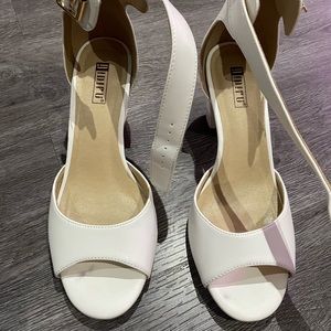 White Peep Toe Low Block Heels with Ankle Strap Sz 8.5